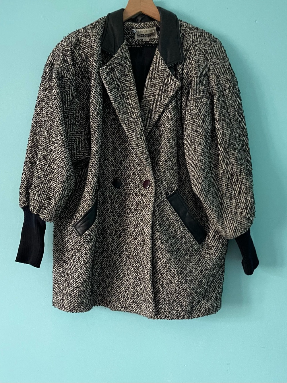 DEB Vintage Wool Tweed Leather Collar Slouchy Mom Jacket 11/12 Korea